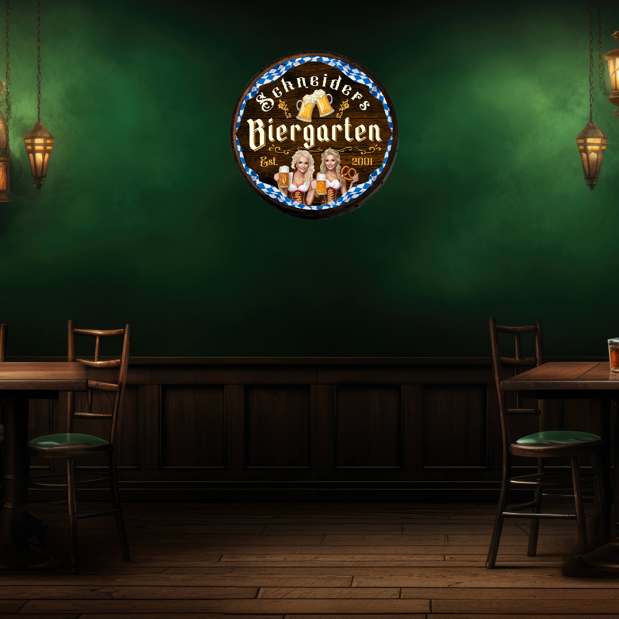 Customized Biergarten Barrel - Zwei Bierkellnerinnen