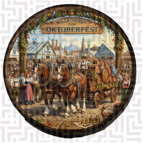 Handcrafted wooden barrel wall hanging featuring Oktoberfest horse team and Munich beer tents