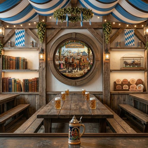 Oktoberfest Brewery Horse Team Wooden Barrel Wall Hanging Handcrafted wooden barrel wall hanging featuring Oktoberfest horse team and Munich beer tents