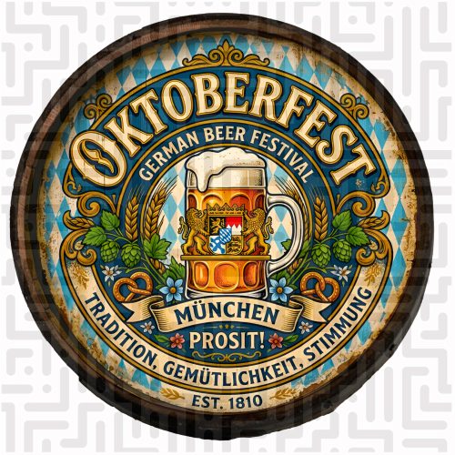 Handcrafted wooden barrel wall hanging featuring traditional foamy stein, Bavarian lions, and pretzels