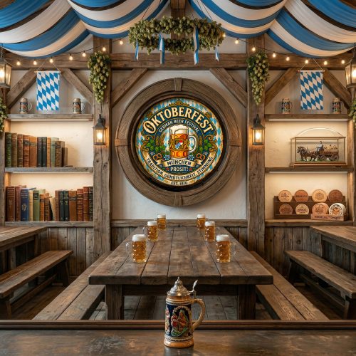 Handcrafted wooden barrel wall hanging featuring traditional foamy stein, Bavarian lions, and pretzels