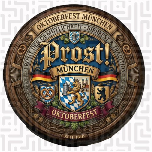 Prost! München Oktoberfest Wooden Barrel Wall Hanging – Handcrafted Bavarian Heraldry Design – Seit 1810