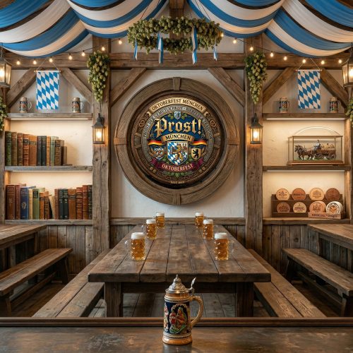 Prost! München Oktoberfest Wooden Barrel Wall Hanging – Handcrafted Bavarian Heraldry Design – Seit 1810