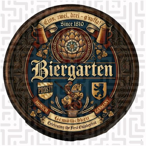 Handcrafted wooden barrel wall hanging featuring a medieval knight, Berlin bear, and Munich child crests