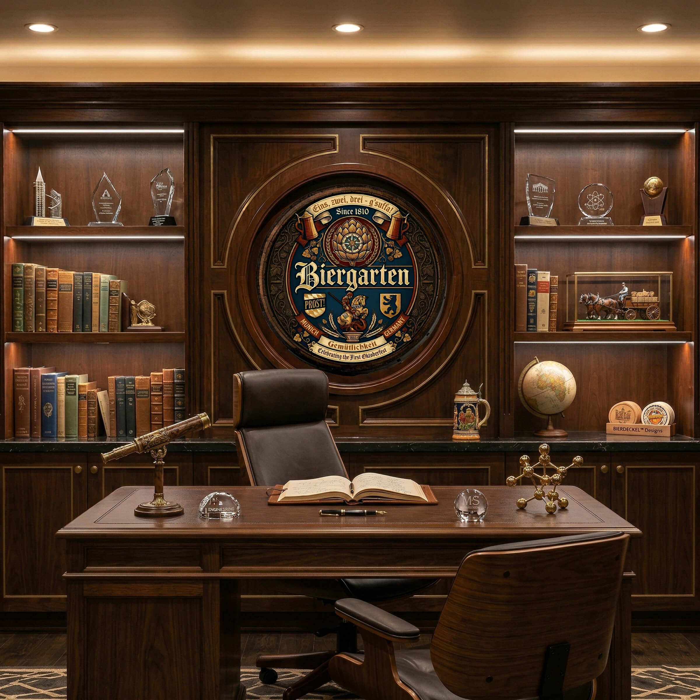 Handcrafted wooden barrel wall hanging featuring a medieval knight, Berlin bear, and Munich child crests