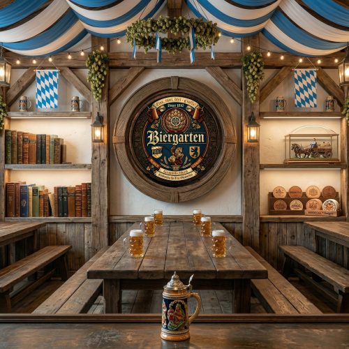 Handcrafted wooden barrel wall hanging featuring a medieval knight, Berlin bear, and Munich child crests