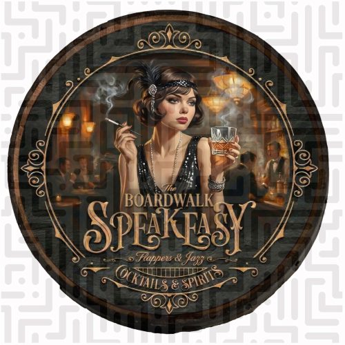The Boardwalk Speakeasy Wooden Barrel Wall Hanging – Handcrafted Vintage 1920s Design – Flappers & Jazz