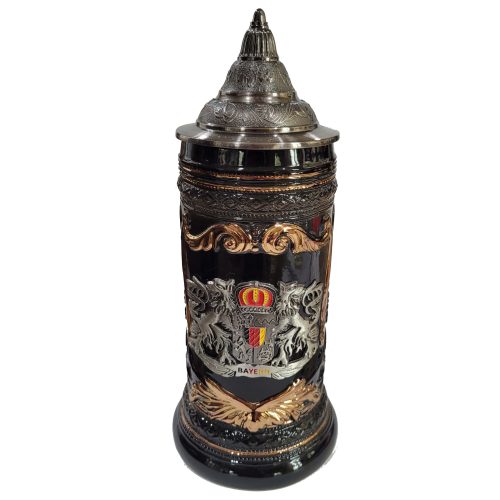 0.5L Black and gold ceramic beer stein featuring Bavarian coat of arms and metal lid.