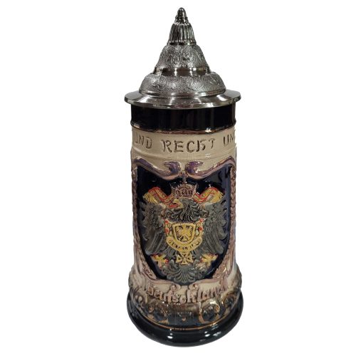 1.0L German beer stein with Imperial Eagle crest and national motto with metal lid.