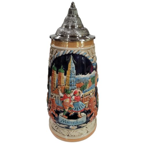 1.0L Munich beer stein with traditional dancers and Frauenkirche relief