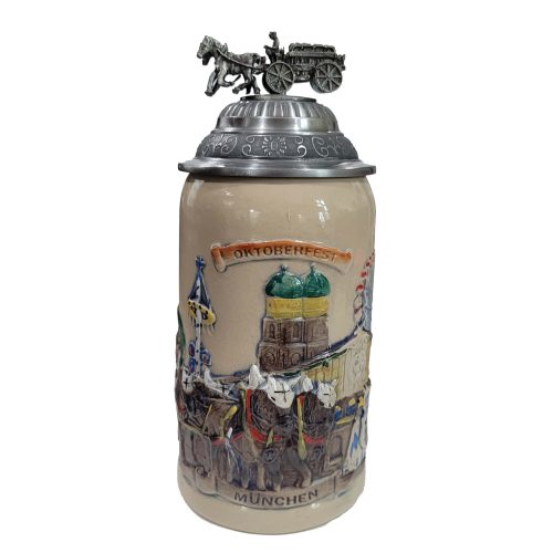 1.0L Oktoberfest beer stein with horse-drawn wagon lid and Munich relief