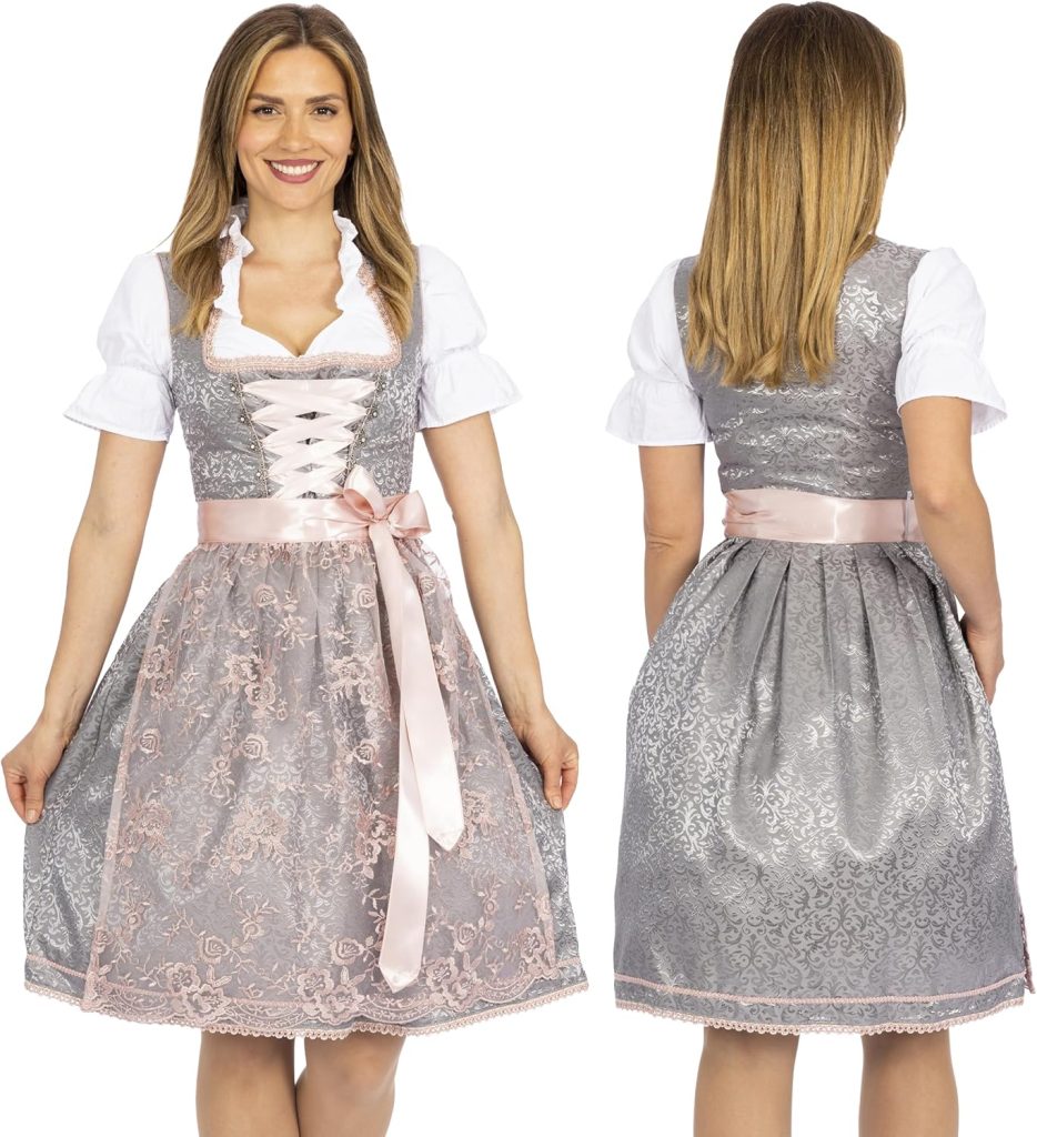 Elegant Alpine Tradition: The Silver Rose Dirndl Celebrate your heritage with the stunning Bavaria Trachten "Silver Rose" Dirndl. This authentic 3-piece set is the epitome of festive German elegance, combining a delicate silver-grey bodice with a vibrant rose-toned skirt and apron. Designed for the woman who appreciates the fine details of traditional Alpine couture, this dress is perfect for everything from the Munich Oktoberfest to formal German heritage weddings. Three-Piece Engineering for a Custom Silhouette A true Dirndl is a system of three distinct garments working together to create a flattering, traditional shape. This set is crafted with a focus on material quality and historical accuracy: The Bodice (Mieder): Featuring high-relief silver floral embroidery and traditional ribbon lacing (Miederschnürung) with ornate metal hooks. The structured fit provides the iconic Alpine silhouette. The Blouse (Bluse): A crisp white, adjustable-cinch blouse with delicate lace trim on the sleeves, designed to be worn comfortably under the bodice. The Apron (Schürze): A shimmering, silky rose-toned apron that provides a high-contrast finish to the silver-grey skirt. Premium Fabric Blend: Utilizing a high-quality cotton and polyester blend that offers the look of silk with the durability and breathability needed for a crowded festival tent.