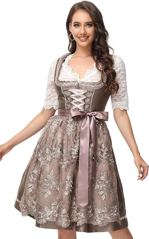 Modern Cold-Shoulder Bavarian Dirndl – Slim-Fit Spliced Embroidery A-Line Festival Dress – 2-Piece Set A Contemporary Silhouette: The Cold-Shoulder Dirndl Reimagine tradition with this Modern Spliced Cold-Shoulder Dirndl. This dress breaks the conventional mold by integrating the blouse elements directly into a "cold shoulder" sleeve design, offering a chic, breezy alternative to the classic 3-piece set. The A-Line (A-Swing) skirt provides a graceful movement, perfect for a day of dancing and celebration in the beer garden. Precision Embroidery & Slim-Fit Design This dress is engineered for a streamlined, modern silhouette. The contrast "splicing" of fabrics creates a visual taper, while the high-density floral embroidery adds a touch of authentic Bavarian charm to the contemporary cut. Spliced Fabric Construction: High-contrast material panels create a multi-dimensional look that mimics the classic bodice-and-apron aesthetic in a streamlined one-piece feel. Modern Cold-Shoulder Sleeves: Features short, off-the-shoulder sleeves that provide extra ventilation and a stylish, feminine edge. Intricate Floral Embroidery: Detailed traditional stitching along the neckline and bodice highlights the craftsmanship and heritage of the design. A-Line Swing Skirt: The skirt is cut to provide a flattering flare that balances the slim-fit bodice, ensuring comfort while seated or moving. QC Fitting Tip by Bierdeckel USA Technical Fit Warning: This specific model is engineered for a 'Slim-Fit' silhouette. To ensure proper mobility and comfort during a long festival day, we strongly suggest ordering ONE SIZE UP from your standard measurements. Pay close attention to the bust and waist specs in the size chart to achieve the intended A-line drape. Material: Lightweight Cotton-Poly Blend for Breathability Color: Silver-Grey Bodice with Rose-Pink Skirt & Apron Includes: 2-Piece Set: Spliced Dress and Contrast Apron Style: Cold-Shoulder / Spliced Slim-Fit A-Line Theme: Modern Bavarian Fusion / Contemporary Trachten Occasion: Oktoberfest, Summer Beer Fests, Themed Costume Party
