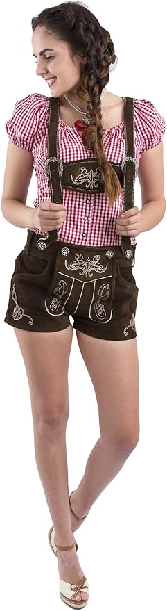 A Modern Twist on Bavarian Tradition Combine classic Alpine heritage with a contemporary silhouette in our Women’s Original Lederhosen Hotpants. These "Shorty" style trousers offer a feminine, flattering alternative to the traditional Dirndl. Crafted from soft, durable suede, they are designed for the woman who wants to celebrate her heritage with comfort and a touch of modern flair. Authentic Suede & Feminine Detail These are not costume-grade imitations. Every pair is constructed from genuine leather, featuring the same high-standard craftsmanship found in traditional men’s Trachten. Feminine Cut & Fit: Designed specifically for the female form, these hotpants feature a high-waisted cut with an adjustable rear "bread-trap" lace to ensure a perfect, secure fit. Intricate Floral Embroidery: Beautiful, high-contrast floral stitching adorns the drop-front flap and side seams, celebrating traditional Bavarian botanical motifs. Premium Suede Finish: The soft-touch suede provides a natural, breathable feel that only genuine leather can offer, ensuring comfort throughout a long day at the fest. Traditional Elements: Complete with stag-horn style buttons and a side knife pocket, maintaining the historical "Lederhosen" silhouette in a modern length.