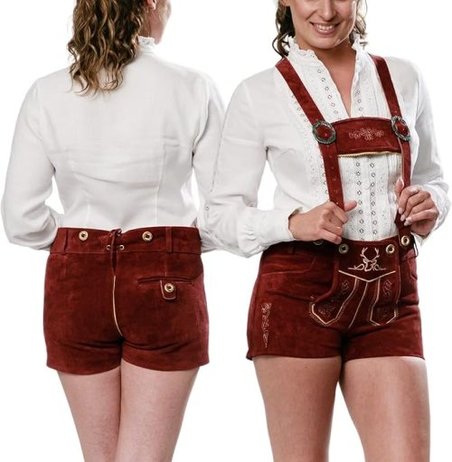 Make a Statement in Cherry Red Heritage Step away from the traditional browns and embrace the festive spirit with the Bavaria Trachten Women’s Lederhosen in Cherry Red. This eye-catching "Shorty" style offers a vibrant, modern silhouette without sacrificing the genuine leather quality that defines true Bavarian Trachten. Whether you’re heading to the Munich meadows or New Braunfels for Wurstfest, these leather hotpants are engineered for style, durability, and a perfect fit. Genuine Suede & High-Contrast Craftsmanship These are not thin, synthetic "costumes." Every pair is built to the same rigorous standards as professional-grade men's gear, tailored specifically for a flattering feminine fit. Premium Cherry Red Suede: Crafted from 100% genuine suede leather with a rich, deep red finish that is designed to age beautifully and develop a unique character over time. Stunning White Embroidery: Features high-relief, intricate floral and vine stitching that creates a sharp, high-contrast look against the cherry red leather. Adjustable Custom Fit: Equipped with authentic leather lacing at the back of the waistband (the "bread-trap") and at the leg hems, allowing you to fine-tune the fit to your specific body shape. Traditional Details: Includes classic stag-horn style buttons, a drop-front flap, and the signature side knife pocket, ensuring all the historical hallmarks of the Lederhosen remain intact.