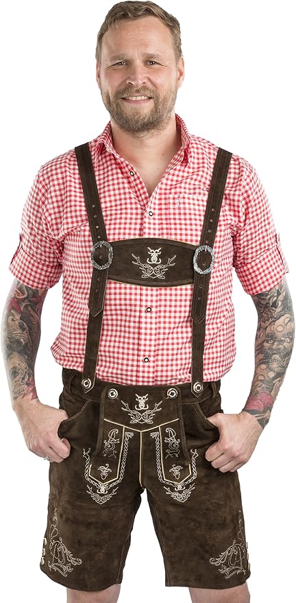 Authentic Bavarian Craftsmanship for the Modern Fest Elevate your Oktoberfest experience with the Schöneberger Men's Lederhosen. Crafted from high-quality, durable cowhide suede, these traditional leather trousers (Trachten) are designed to provide the authentic look and rugged durability required for a full day in the Munich beer tents. Traditional Details & Heritage Embroidery These Lederhosen feature elaborate, traditional embroidery on the drop-front flap (Latz) and the side knife pocket, showcasing classic Bavarian motifs. The deep brown suede provides a timeless, aged aesthetic that develops a unique patina over time, becoming a true "second skin" as you wear them. Complete Set: Includes the classic adjustable H-style suspenders with matching embroidery and silver-toned buckles for a secure, traditional fit. Functional Design: Features two front pockets, one rear pocket, and the essential side knife pocket (Messer Tasche) for a complete historical silhouette. Premium Material: 100% genuine leather construction ensures breathability and a natural stretch that synthetic costumes cannot replicate. QC Fitting Tip by Bierdeckel USA As a quality-focused enthusiast, I always remind buyers: Real leather stretches. When you first try these on, they should feel quite snug. Your body heat and movement will naturally expand the suede for a custom, comfortable fit that lasts for years of celebrations. Material: 100% Genuine Cowhide Suede Leather Color: Deep Bavarian Brown with Contrast Embroidery Includes: Lederhosen Trousers + Matching H-Suspenders Hardware: Traditional Horn-Style Buttons & Antique Silver Buckles Theme: Bavarian Trachten / Oktoberfest Apparel Occasion: Oktoberfest, German Heritage Festivals, Costume Parties