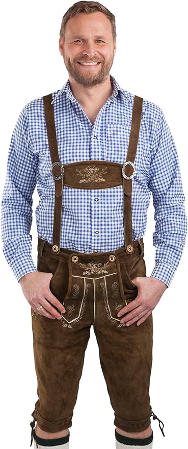 The "Hopfen & Malz" Edition: A Tribute to Brewing Excellence Take your festival attire to the next level with the Schöneberger "Hopfen & Malz" Kneebund Lederhosen. Named after the fundamental ingredients of German beer—Hops and Malt—these authentic below-the-knee leather trousers are a must-have for the serious connoisseur. The intricate, high-relief embroidery specifically features hops vines and barley motifs, making them the perfect companion for your 1.0L Bierdeckel USA Stein. The Kneebund Silhouette: Traditional & Sophisticated Unlike the shorter "Kurz" style, the Kneebund length extends just past the knee and features traditional leather ties or buckles at the hem. This style offers a more classic, refined silhouette that pairs perfectly with long Trachten socks or Loferl. Premium Wild Bock Suede: Crafted from soft yet resilient goatskin-style suede that offers superior comfort and a professional-grade finish. Intricate Hops & Malt Embroidery: Specialized thematic stitching on the bib, pockets, and side seams that celebrates Bavarian brewing culture. Full Set Included: Comes with matching, adjustable H-style suspenders featuring the same detailed hop-vine embroidery. Refined Hardware: Finished with authentic stag-horn style buttons and antique-patina buckles.