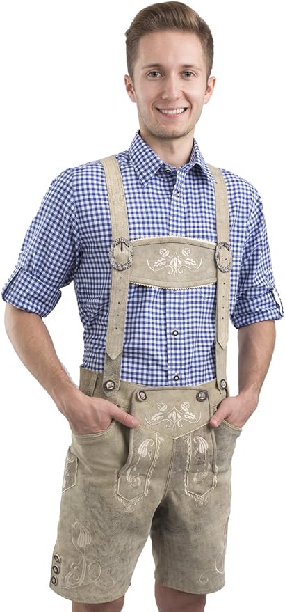 The Bergkristall Edition: A Modern Tribute to Alpine Tradition Stand out from the crowd with the Schöneberger "Bergkristall" Men's Bavarian Lederhosen. Featuring a rare Bright Antique finish, these trousers offer a lighter, weathered aesthetic that captures the rugged spirit of the Bavarian Alps. This unique colorway provides a sophisticated contrast to traditional dark forest green or navy blue Trachten shirts, making it a favorite for modern festival-goers. Elite Suede Texture & High-Contrast Embroidery The Bergkristall is not just about the color; it’s about the tactile quality of the Wild Bock (Goatskin Style) Suede. The lighter leather makes the traditional floral and scrollwork embroidery pop with high-definition detail with the Schöneberger "Bergkristall" Men's Bavarian Lederhosen. Bright Antique Finish: A specialized tanning process that gives the leather a vintage, sun-bleached appearance right out of the box. Intricate Multi-Tone Embroidery: Features high-relief stitching on the drop-front flap and side seams that highlights the craftsmanship of the "Bergkristall" design. Premium Comfort Lining: Despite its rugged exterior, the interior is finished for a smooth feel against the skin, ideal for long hours of celebrating. Authentic Stag-Horn Buttons: Equipped with traditional horn-style buttons and heavy-duty, antique-finished metal buckles on the H-suspenders.