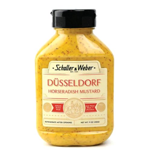 Schaller & Weber German Dusseldorf Horseradish Mustard, 9 Oz Squeeze Bottle (1 Pack) | Spicy Mustard with Horseradish, All Natural Deli Mustard for Sausages, Pretzels & Sandwiches
