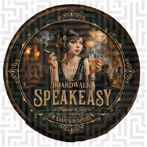 The Boardwalk Speakeasy Wooden Barrel Wall Hanging – Handcrafted Vintage 1920s Design – Flappers & Jazz Prohibition Elegance: The Boardwalk Speakeasy Edition