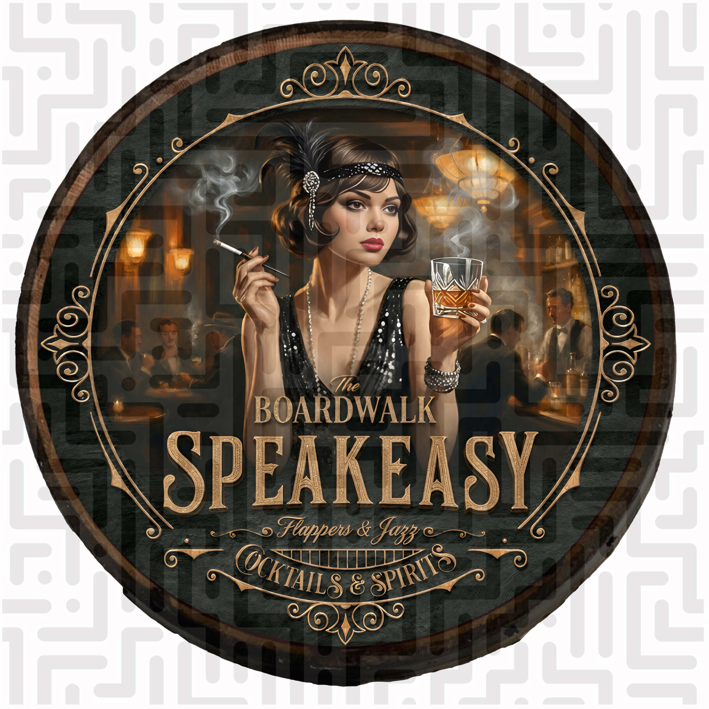 The Boardwalk Speakeasy Wooden Barrel Wall Hanging – Handcrafted Vintage 1920s Design – Flappers & Jazz Prohibition Elegance: The Boardwalk Speakeasy Edition