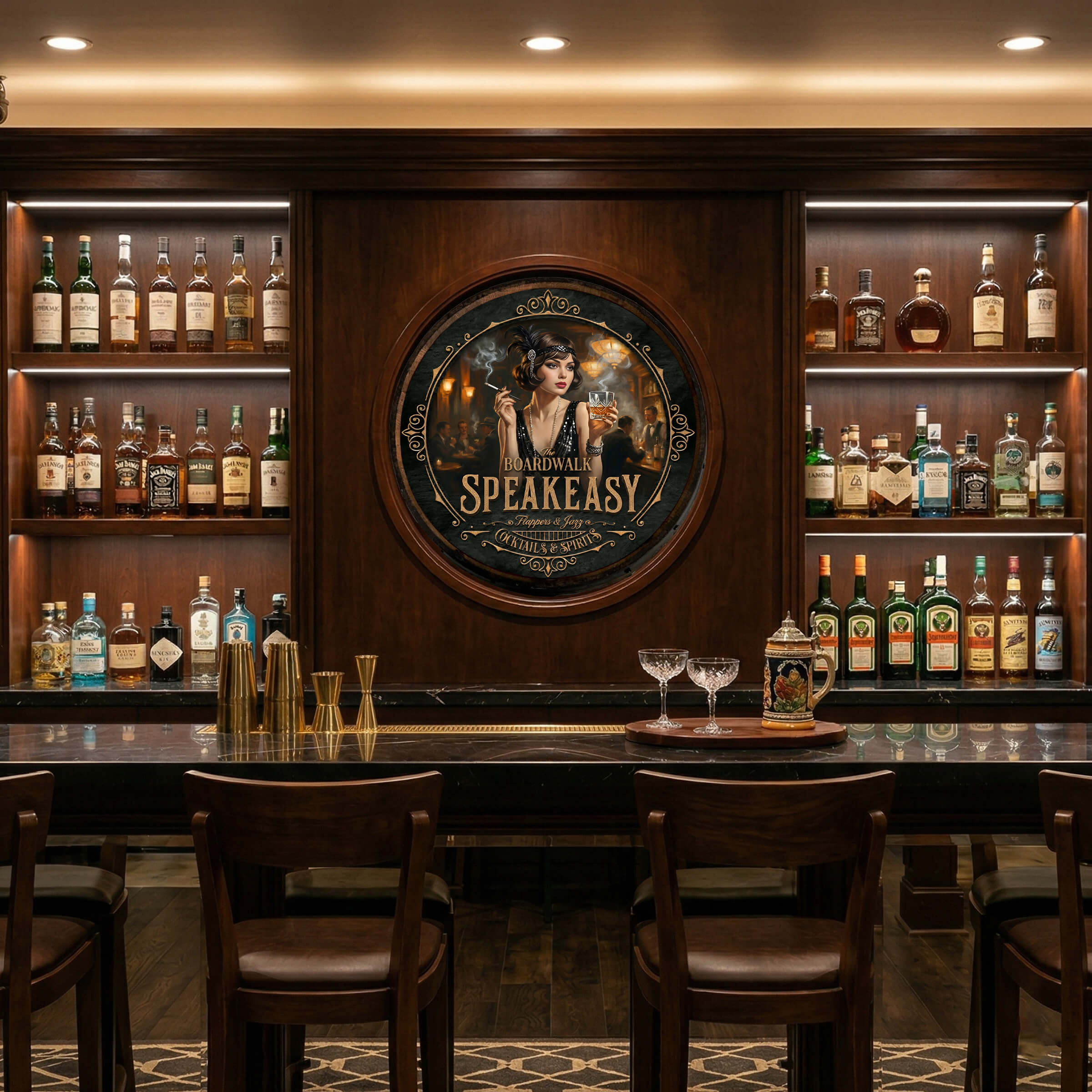 The Boardwalk Speakeasy Wooden Barrel Wall Hanging – Handcrafted Vintage 1920s Design – Flappers & Jazz Prohibition Elegance: The Boardwalk Speakeasy Edition