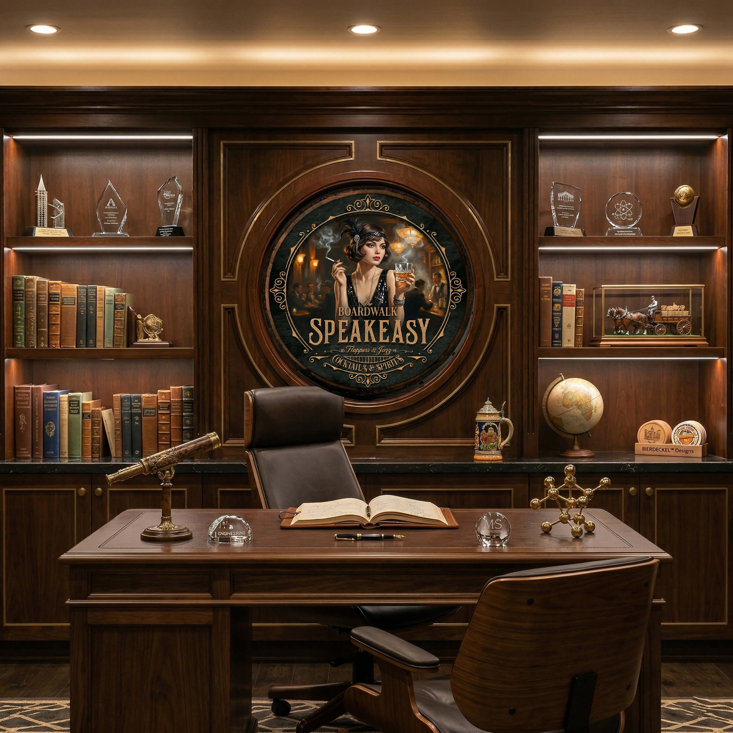 The Boardwalk Speakeasy Wooden Barrel Wall Hanging – Handcrafted Vintage 1920s Design – Flappers & Jazz Prohibition Elegance: The Boardwalk Speakeasy Edition