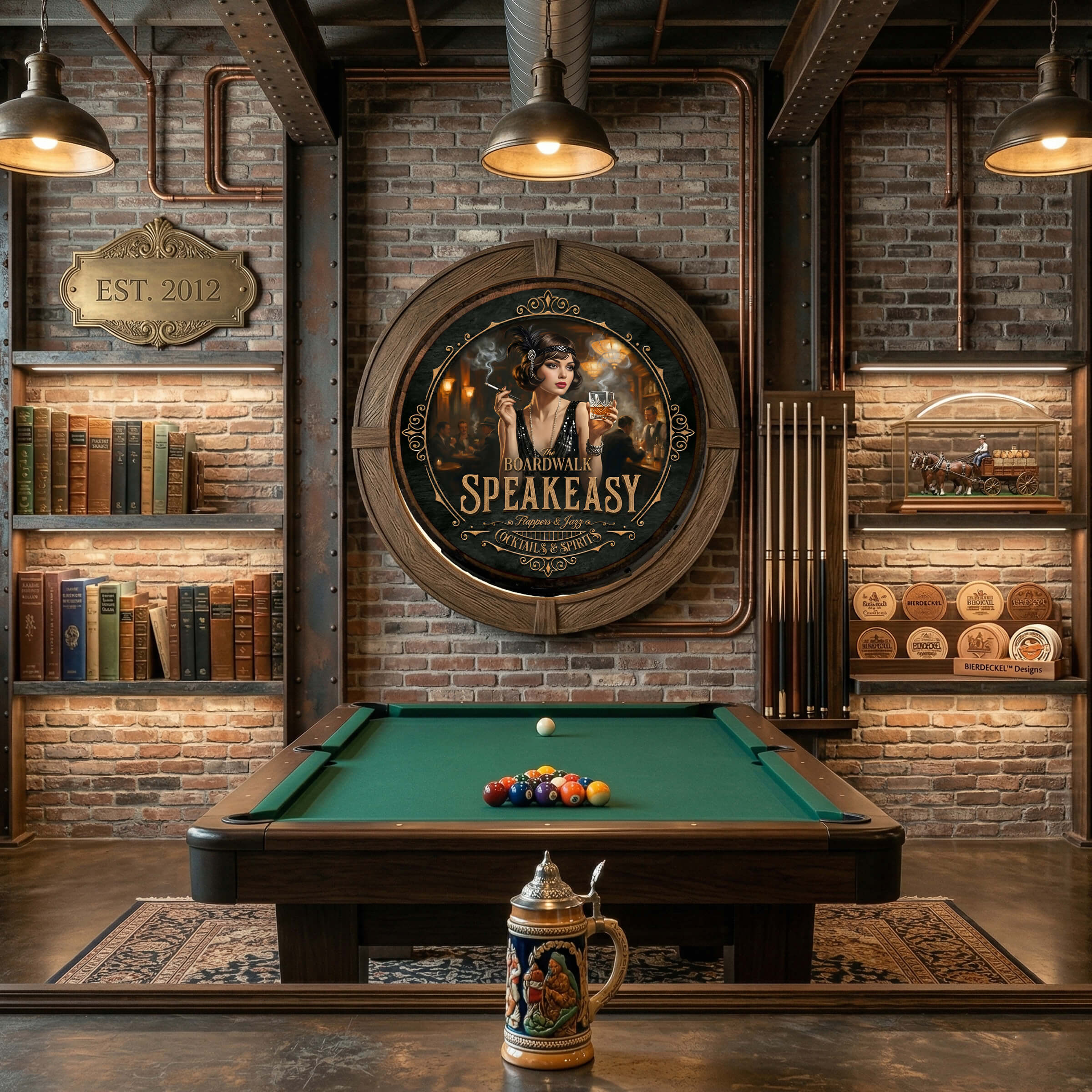 The Boardwalk Speakeasy Wooden Barrel Wall Hanging – Handcrafted Vintage 1920s Design – Flappers & Jazz Prohibition Elegance: The Boardwalk Speakeasy Edition
