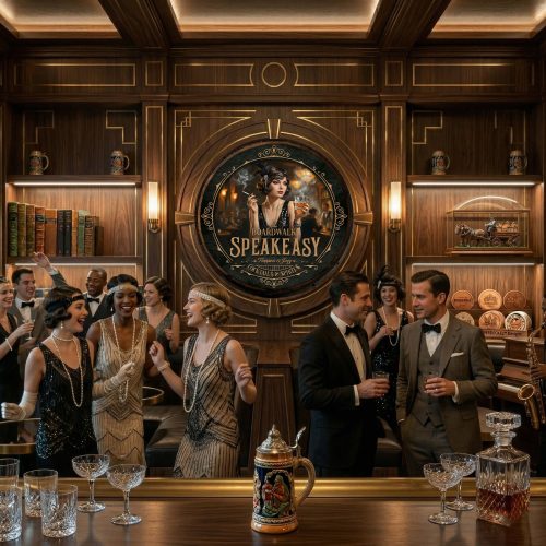 The Boardwalk Speakeasy Wooden Barrel Wall Hanging – Handcrafted Vintage 1920s Design – Flappers & Jazz Prohibition Elegance: The Boardwalk Speakeasy Edition