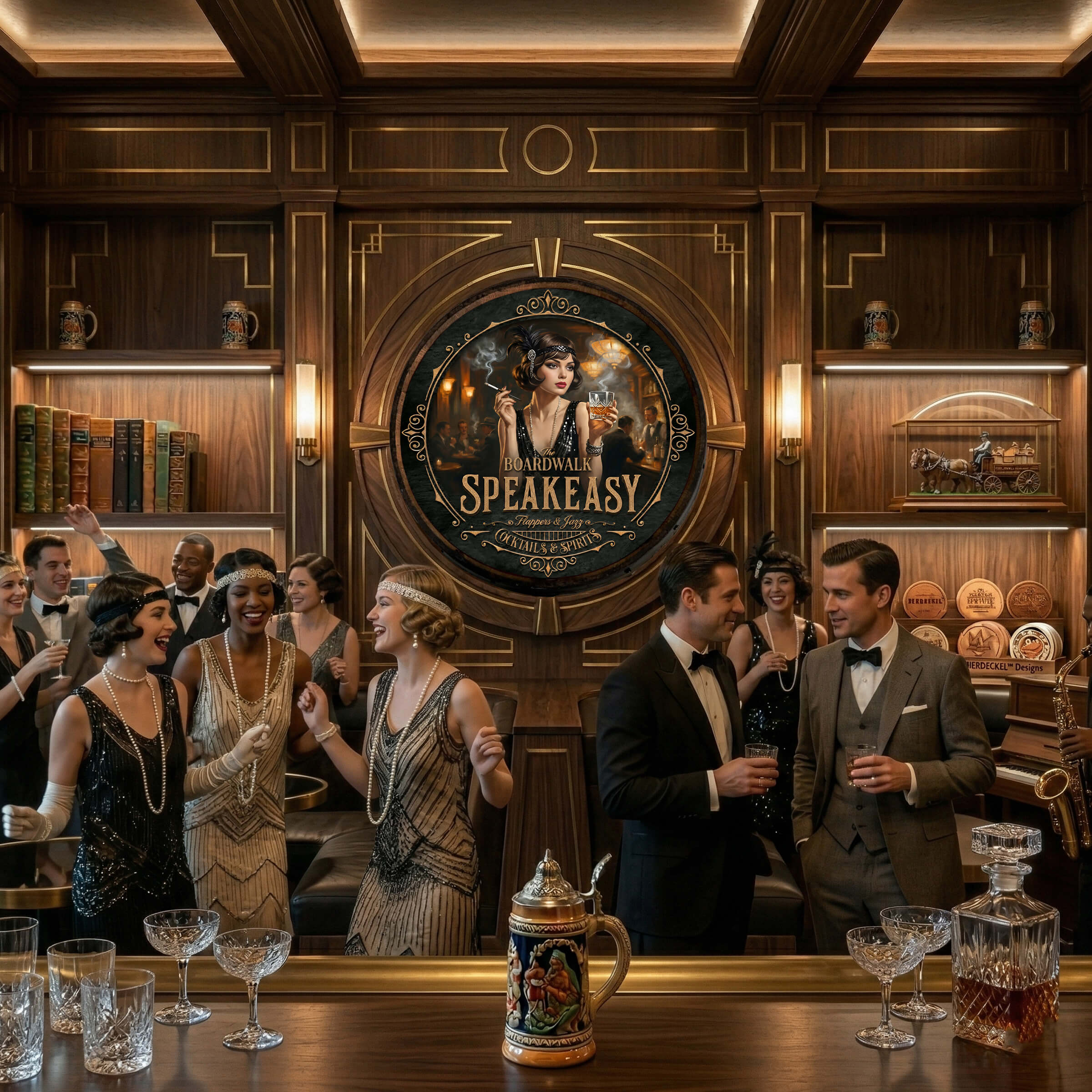 The Boardwalk Speakeasy Wooden Barrel Wall Hanging – Handcrafted Vintage 1920s Design – Flappers & Jazz Prohibition Elegance: The Boardwalk Speakeasy Edition