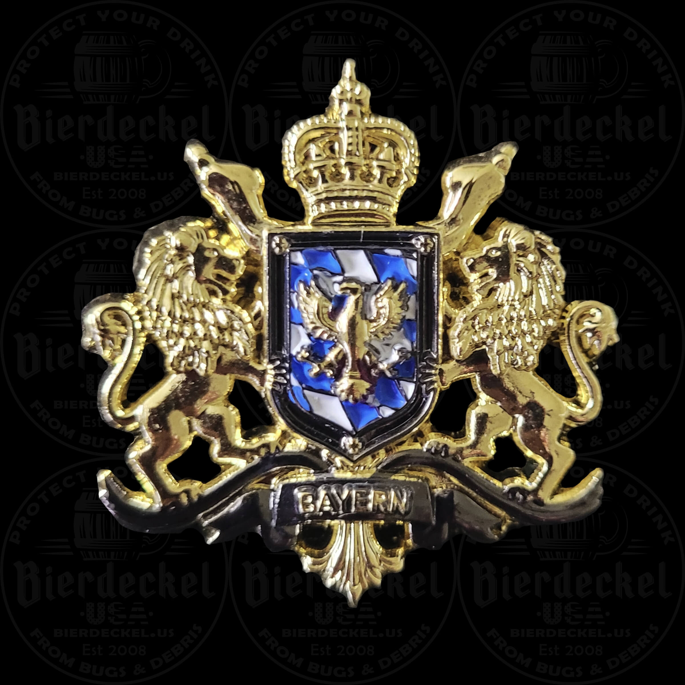 Bavarian Heritage Crest Hat Pin Celebrate your German ancestry and elevate your traditional festival attire with our intricately detailed Bavarian Heritage Crest Hat Pin. Whether you are attending a local polka festival, raising a stein at a Munich Biergarten, or adding the finishing touches to your favorite Tyrolean hat, this striking accessory perfectly captures the essence of Old World pride and historic European heraldry. Designed with a high-contrast, premium aesthetic, this lapel pin is a true standout piece. The centerpiece of the design features two majestic golden Bavarian lions rampant, proudly supporting a classic royal shield. The shield itself is beautifully detailed with the iconic blue and white Bavarian flag pattern (Rautenwappen) overlaid with a striking golden eagle. The crest is elegantly topped with a detailed royal crown, while a scrolling banner at the base boldly displays "BAYERN" (Bavaria) in raised metallic lettering. Crafted from heavy-duty, brilliant gold-tone metal, this festival pin is built to last through years of celebrations while maintaining its vintage, premium look. Key Features & Specifications Iconic Heraldry: Features two traditional Bavarian lions, a royal crown, and a golden eagle set against a classic shield. Premium Materials: Struck in high-quality gold-tone metal with vibrant blue and white enamel diamond accents. High-Contrast Finish: Deep relief craftsmanship ensures the intricate crest details and majestic lions pop perfectly against the dark felt of a traditional alpine hat. Ideal Dimensions: Perfectly sized to give it a bold, regal presence without weighing down your headwear or clothing. Secure Fastening: Equipped with a sturdy, reliable backing to keep your pin firmly in place while you enjoy the festival and celebrate. How to Style Your Heritage Hat Pin In traditional Bavarian and Tyrolean culture, hat pins, crests, and boar hair brushes are worn on the left side of the hat. The classic, symmetrical shape of this Bavarian Heritage Crest Hat Pin makes it the perfect anchor piece to layer alongside other vintage hiking pins or Edelweiss accessories. Not wearing a hat to the festival? This versatile, high-quality crest looks incredibly sharp pinned to the lapel of a traditional Trachten jacket, a canvas bag, or a leather festival harness. Authentic Festival Gear from Bierdeckel USA When it comes to authentic festival wear, the details make all the difference. This piece was specifically designed to reflect traditional German heraldry and the true spirit of Oktoberfest. Add this classic golden crest to your collection today and wear your heritage with pride!