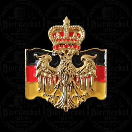 German Eagle Heritage Hat Pin Celebrate your European roots and elevate your traditional festival attire with our striking German Eagle Heritage Hat Pin. Whether you are attending a massive Oktoberfest celebration, enjoying a local heritage festival, or adding a patriotic touch to your favorite Tyrolean hat, this accessory perfectly balances historic heraldry with modern national pride. Designed with a high-contrast, "Old World" aesthetic, this premium lapel pin is a true standout piece. The centerpiece of the design features a highly detailed, golden German eagle with deep relief sculpting that catches the light beautifully. The eagle is elegantly topped with a classic royal crown, finished with brilliant red enamel accents. Serving as a striking backdrop to the golden eagle is a beautifully sculpted, waving flag displaying the bold Black, Red, and Gold colors of modern Germany (Deutschlandfahne). Crafted from heavy-duty, brilliant gold-tone metal, this festival pin is built to last through years of celebrations while maintaining its vintage, premium look. Key Features & Specifications Iconic Heraldry: Features a deeply sculpted, golden German eagle topped with a detailed, red-accented royal crown. Patriotic Backdrop: The eagle rests against a beautifully shaped, waving banner featuring the modern black, red, and gold stripes of the German flag. Premium Materials: Struck in high-quality gold-tone metal with vibrant, high-contrast enamel details. Ideal Dimensions: Measuring approximately 1" x 1.25", it offers a bold pop of color in a compact footprint, making it perfect for layering with other pins. Secure Fastening: Equipped with a sturdy, reliable backing to keep your pin firmly in place while you dance to the polka band and celebrate. How to Style Your Heritage Hat Pin In traditional Bavarian and Tyrolean culture, hat pins, crests, and boar hair brushes are worn on the left side of the hat. The compact, horizontal shape of this German Eagle Heritage Hat Pin makes it an excellent layering piece to tuck beneath larger vintage hiking pins or Edelweiss flowers. Not wearing a hat to the festival? This versatile, high-quality crest looks incredibly sharp pinned to the lapel of a traditional Trachten jacket, a canvas tote, or a leather festival harness. Authentic Festival Gear from Bierdeckel USA When it comes to authentic festival wear, the details make all the difference. This piece was specifically designed to blend traditional German heraldry with striking modern pride. Add this classic golden crest to your collection today and wear your heritage with pride!
