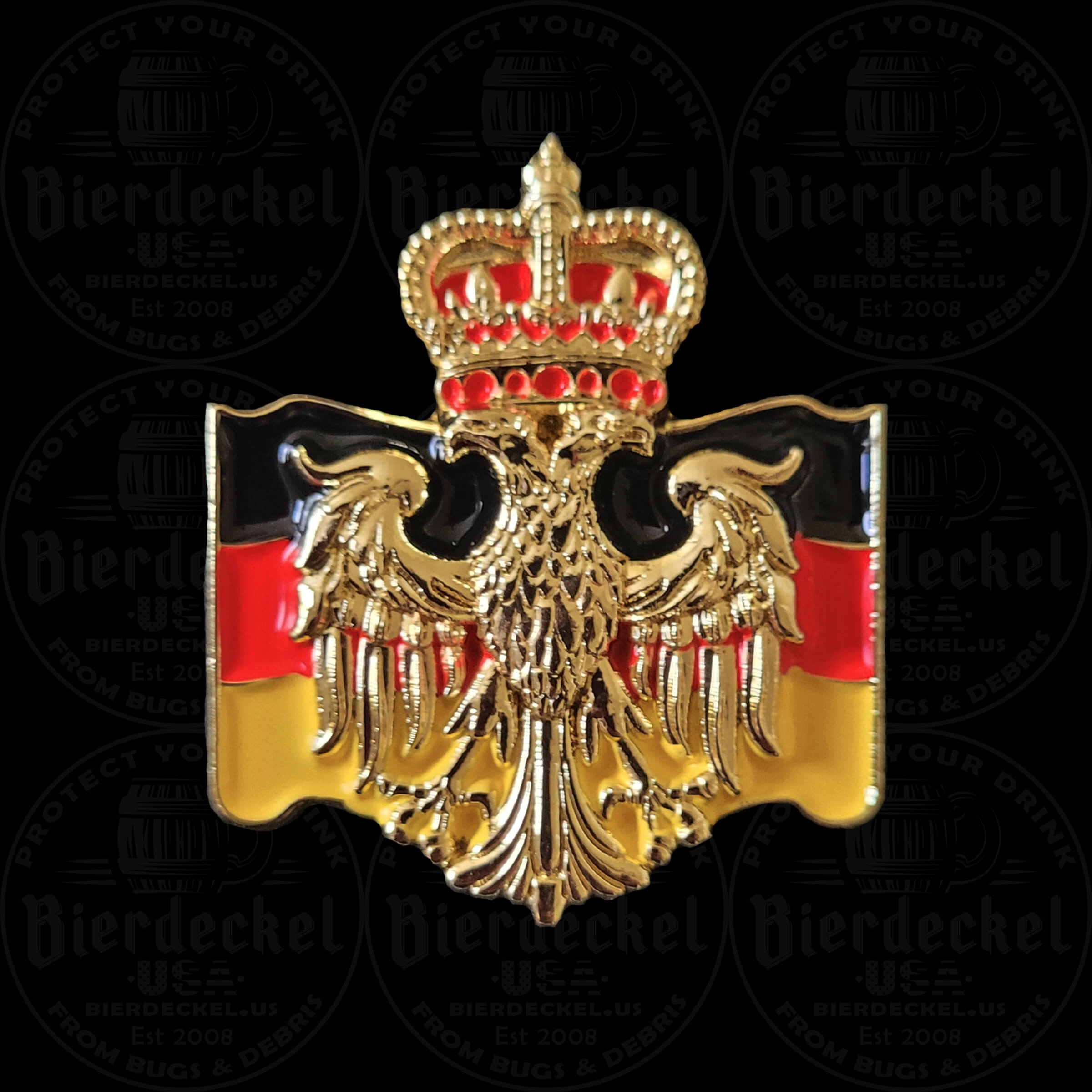 German Eagle Heritage Hat Pin Celebrate your European roots and elevate your traditional festival attire with our striking German Eagle Heritage Hat Pin. Whether you are attending a massive Oktoberfest celebration, enjoying a local heritage festival, or adding a patriotic touch to your favorite Tyrolean hat, this accessory perfectly balances historic heraldry with modern national pride. Designed with a high-contrast, "Old World" aesthetic, this premium lapel pin is a true standout piece. The centerpiece of the design features a highly detailed, golden German eagle with deep relief sculpting that catches the light beautifully. The eagle is elegantly topped with a classic royal crown, finished with brilliant red enamel accents. Serving as a striking backdrop to the golden eagle is a beautifully sculpted, waving flag displaying the bold Black, Red, and Gold colors of modern Germany (Deutschlandfahne). Crafted from heavy-duty, brilliant gold-tone metal, this festival pin is built to last through years of celebrations while maintaining its vintage, premium look. Key Features & Specifications Iconic Heraldry: Features a deeply sculpted, golden German eagle topped with a detailed, red-accented royal crown. Patriotic Backdrop: The eagle rests against a beautifully shaped, waving banner featuring the modern black, red, and gold stripes of the German flag. Premium Materials: Struck in high-quality gold-tone metal with vibrant, high-contrast enamel details. Ideal Dimensions: Measuring approximately 1" x 1.25", it offers a bold pop of color in a compact footprint, making it perfect for layering with other pins. Secure Fastening: Equipped with a sturdy, reliable backing to keep your pin firmly in place while you dance to the polka band and celebrate. How to Style Your Heritage Hat Pin In traditional Bavarian and Tyrolean culture, hat pins, crests, and boar hair brushes are worn on the left side of the hat. The compact, horizontal shape of this German Eagle Heritage Hat Pin makes it an excellent layering piece to tuck beneath larger vintage hiking pins or Edelweiss flowers. Not wearing a hat to the festival? This versatile, high-quality crest looks incredibly sharp pinned to the lapel of a traditional Trachten jacket, a canvas tote, or a leather festival harness. Authentic Festival Gear from Bierdeckel USA When it comes to authentic festival wear, the details make all the difference. This piece was specifically designed to blend traditional German heraldry with striking modern pride. Add this classic golden crest to your collection today and wear your heritage with pride!