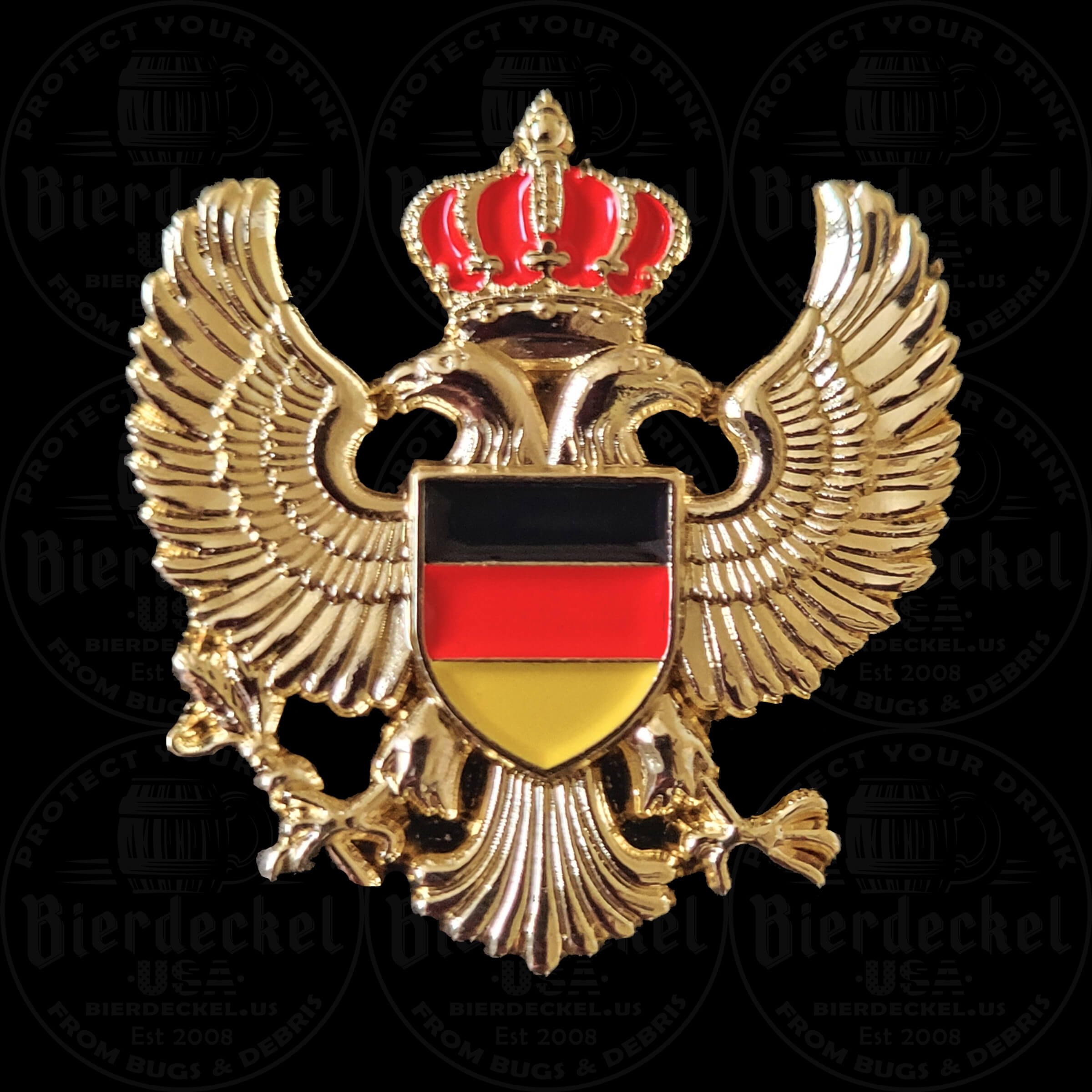 Imperial Eagle Hat Pin Celebrate your deep German roots and elevate your festival attire with our striking Imperial Eagle Hat Pin. Whether you are attending a massive Oktoberfest celebration, walking the grounds of a local heritage festival, or adding a regal touch to your favorite Tyrolean hat, this accessory perfectly captures the majesty of European history. Designed with a high-contrast, "Old World" aesthetic, this premium lapel pin is a true standout piece. The design features a magnificent double-headed golden eagle—a historic symbol of imperial strength and endurance—grasping a traditional scepter and orb. The eagle is elegantly topped with a detailed royal crown finished in brilliant red enamel. At the very center of the bird’s chest rests a bold, classic shield displaying the modern Black, Red, and Gold colors of the German flag (Deutschlandfahne). Crafted from heavy-duty, brilliant gold-tone metal, this festival pin is built to last through years of celebrations while maintaining its vintage, premium look. Key Features & Specifications Iconic Heraldry: Features a historic double-headed imperial eagle holding a scepter and orb, topped with a royal crown. Patriotic Details: The center shield proudly displays the modern black, red, and gold stripes of the German flag. Premium Materials: Struck in high-quality gold-tone metal with vibrant red, black, and yellow enamel accents. Ideal Dimensions: Measuring approximately 1.5" x 1.5", it offers a bold, symmetrical presence without weighing down your headwear. Secure Fastening: Equipped with a sturdy, reliable backing to keep your pin firmly in place while you dance to the polka band and celebrate. How to Style Your Heritage Hat Pin In traditional Bavarian and Tyrolean culture, hat pins, crests, and boar hair brushes are worn on the left side of the hat. The balanced, regal shape of this Imperial Eagle Hat Pin makes it the perfect centerpiece to layer alongside other vintage hiking pins, Edelweiss flowers, or accordion charms. Not wearing a hat to the festival? This versatile, high-quality crest looks incredibly sharp pinned to the lapel of a traditional Trachten jacket, a canvas bag, or a leather festival harness. Authentic Festival Gear from Bierdeckel USA When it comes to authentic festival wear, the details make all the difference. This piece was specifically designed to blend traditional German heraldry with striking modern pride. Add this classic golden crest to your collection today and wear your heritage with pride!
