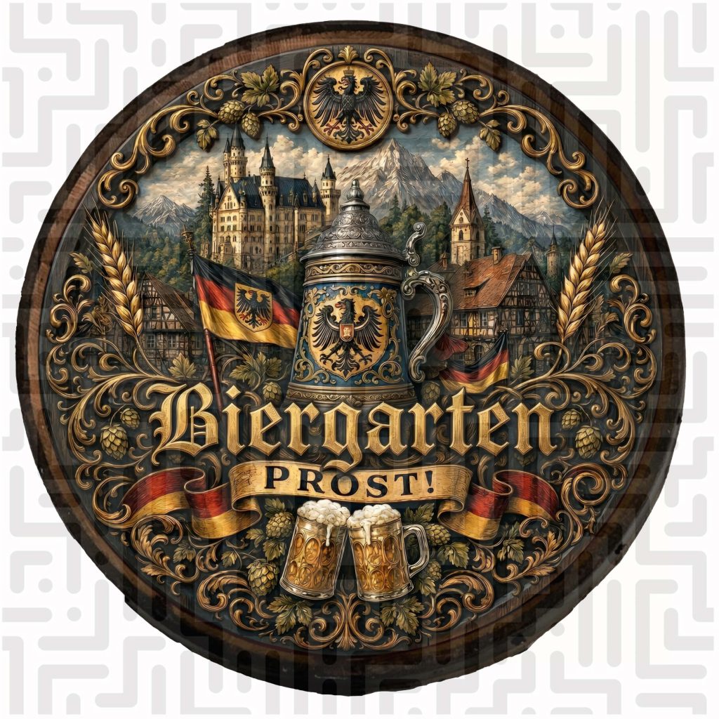 Handcrafted Biergarten Imperial Eagle Stein Wooden Barrel Wall Hanging featuring a traditional lidded stein, German flags, and a majestic alpine castle.