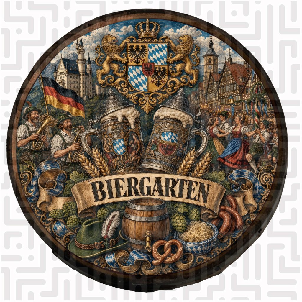 Handcrafted Biergarten Twin Steins Wooden Barrel Wall Hanging featuring a royal crest, Maypole dancers, and a traditional German feast.