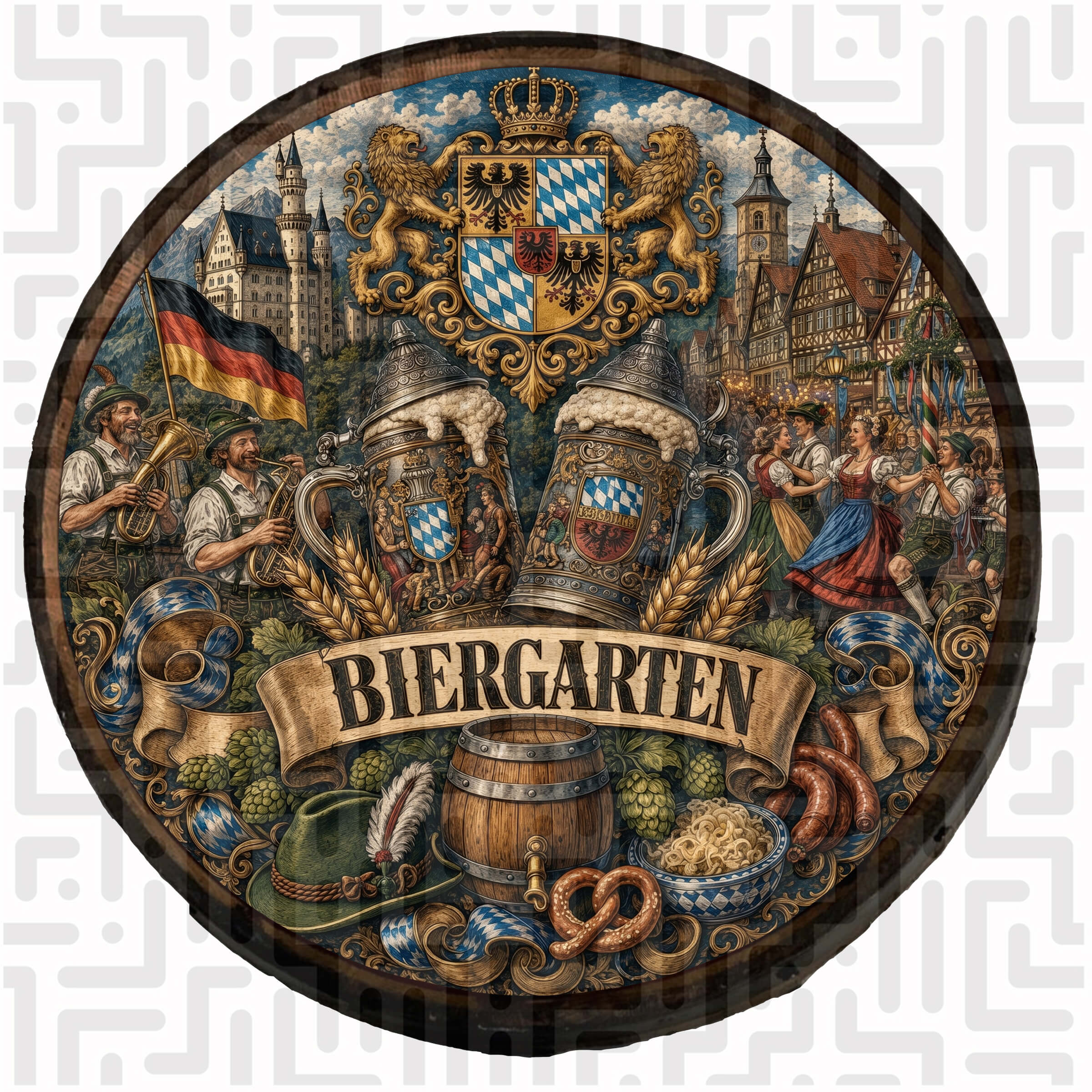 Handcrafted Biergarten Twin Steins Wooden Barrel Wall Hanging featuring a royal crest, Maypole dancers, and a traditional German feast.