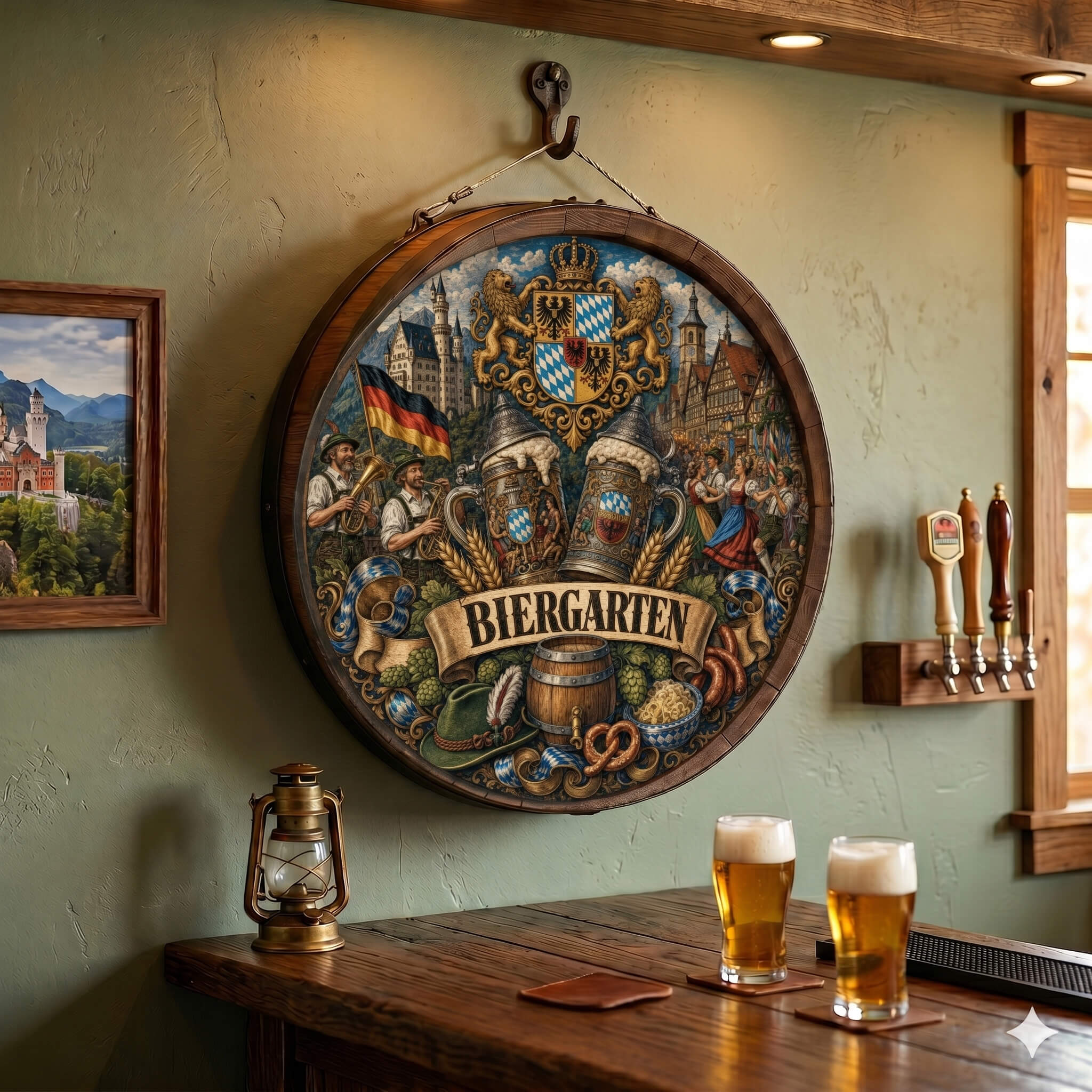 Handcrafted Biergarten Twin Steins Wooden Barrel Wall Hanging featuring a royal crest, Maypole dancers, and a traditional German feast.
