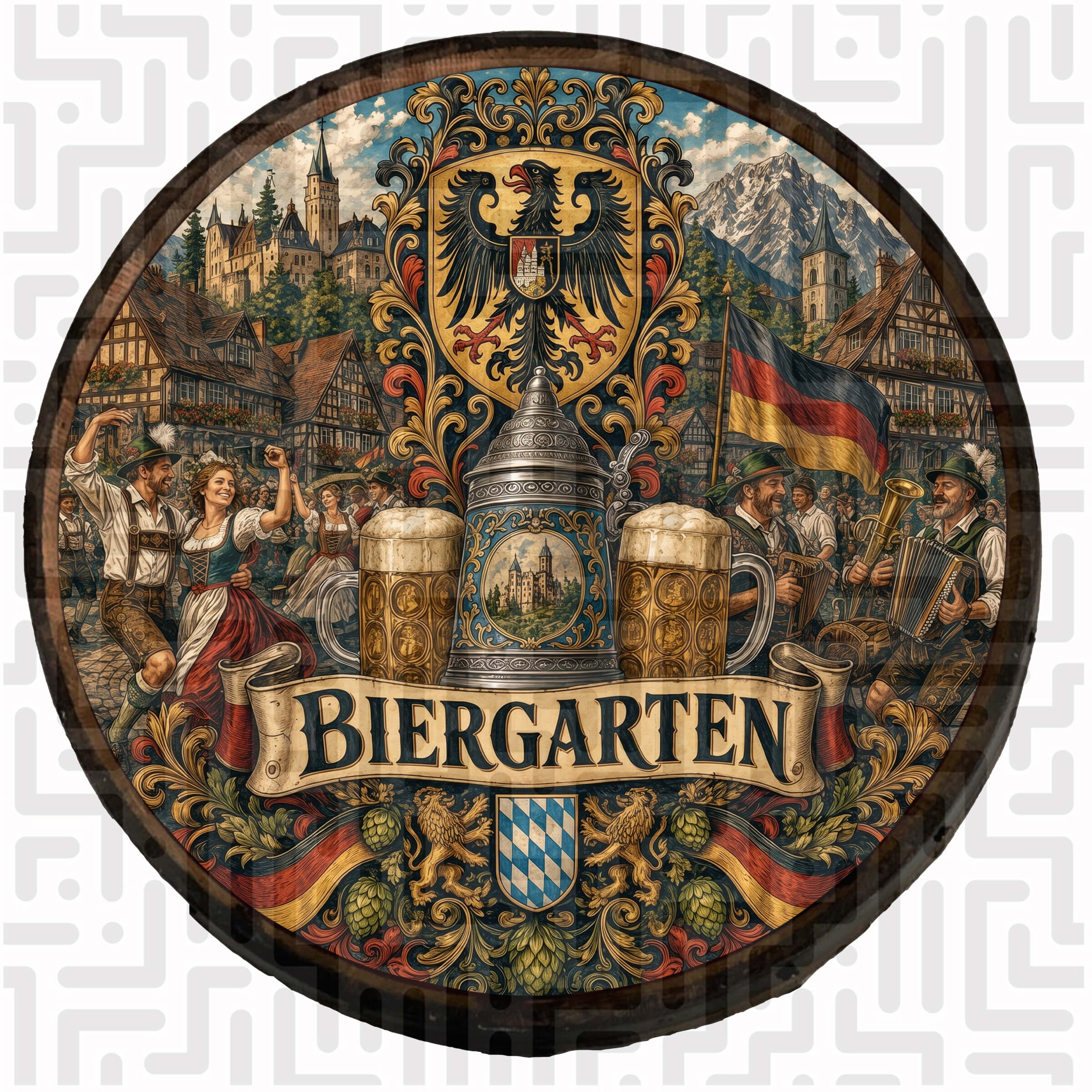Biergarten Village Wooden Barrel Wall Hanging