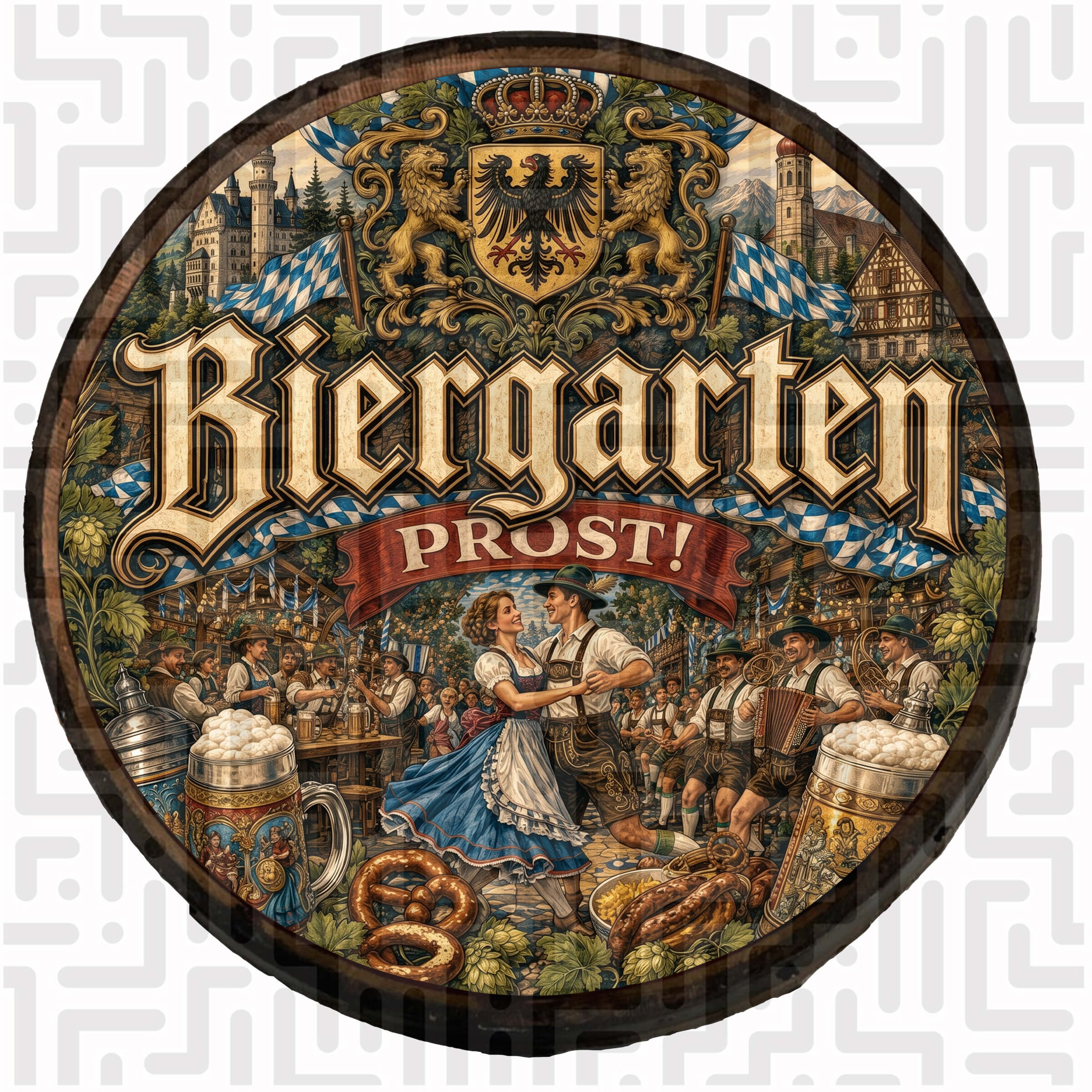 Handcrafted Biergarten Prost Dancing Couple Wooden Barrel Wall Hanging featuring a traditional Bavarian festival scene and musicians.