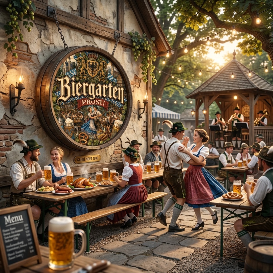 Handcrafted Biergarten Prost Dancing Couple Wooden Barrel Wall Hanging featuring a traditional Bavarian festival scene and musicians.