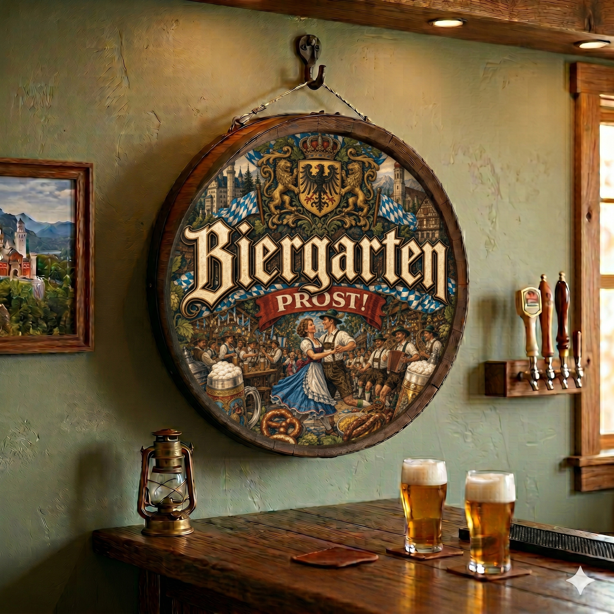 Handcrafted Biergarten Prost Dancing Couple Wooden Barrel Wall Hanging featuring a traditional Bavarian festival scene and musicians.