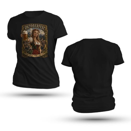 Black Biergarten Girl Oktoberfest Shirt featuring a Bavarian woman holding a beer stein with text Beautiful Day, Good Friends, Cold Beer.