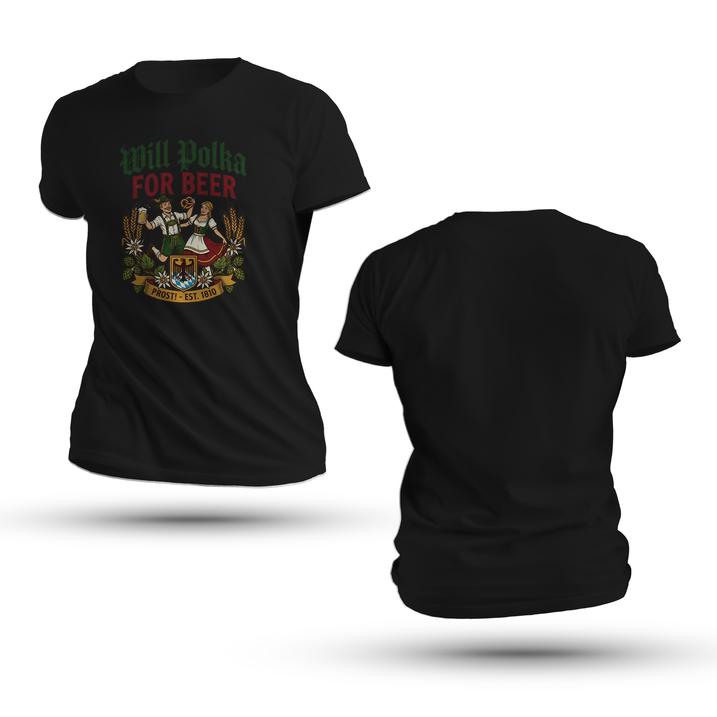 Bavarian Polka Beer Shirt featuring a dancing couple, pretzel, beer stein, and Will Polka For Beer slogan with German eagle crest.