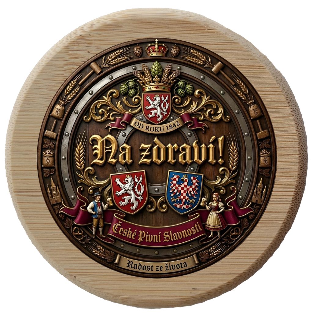 Round wooden Czech Na Zdraví beer coaster featuring elaborate heraldic lion shields, Czech folk figures, and gold 3D Na Zdraví text.