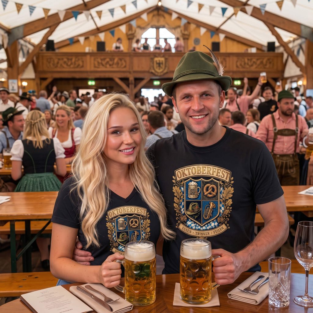 Eat Drink Fun Oktoberfest Shirt featuring a Bavarian coat of arms with beer stein, pretzel, hat, tuba, and Essen Trinken Feiern banner.