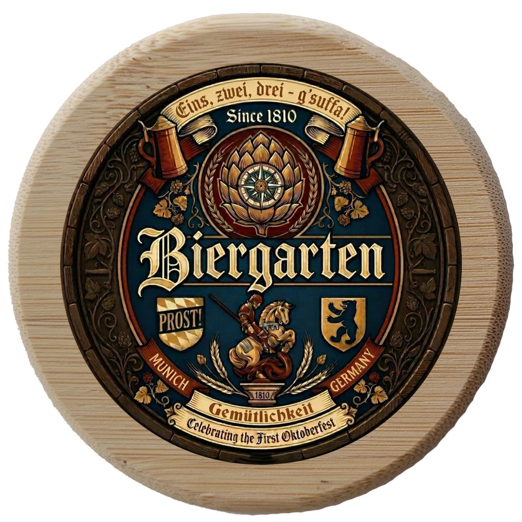 Round wooden German Biergarten bierdeckel featuring a large central hop cone, knight heraldry, Munich bear shield, and Gemütlichkeit banner.