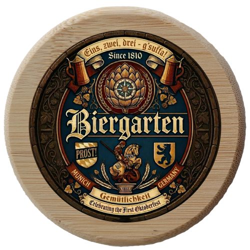 Round wooden German Biergarten bierdeckel featuring a large central hop cone, knight heraldry, Munich bear shield, and Gemütlichkeit banner.