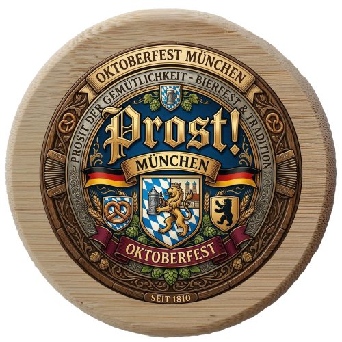 Round wooden Munich Prost Oktoberfest bierdeckel featuring a crowned golden lion holding a stein, Munich bear shield, German flag ribbon, and Prost typography.