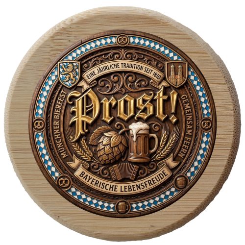 Round wooden Bavarian Prost Bierdeckel featuring 3D carved wood Prost lettering, a frothing beer glass, hop cone, accordion, and Bavarian flag border.